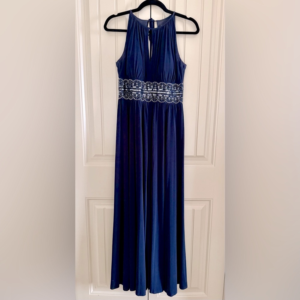 Bellissima Fashions Navy Blue Evening Gown with Beaded Waist Detail